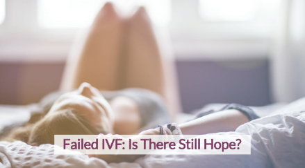 Distraught woman laying face up on a bed with her knees bent. Text on top of the image that says "Failed IVF- Is there still hope?"