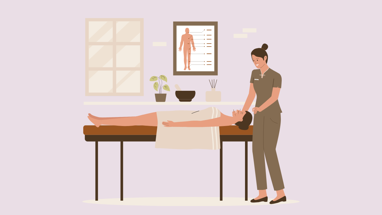 Woman relaxing during fertility acupuncture treatment to support hormone balance and natural conception.