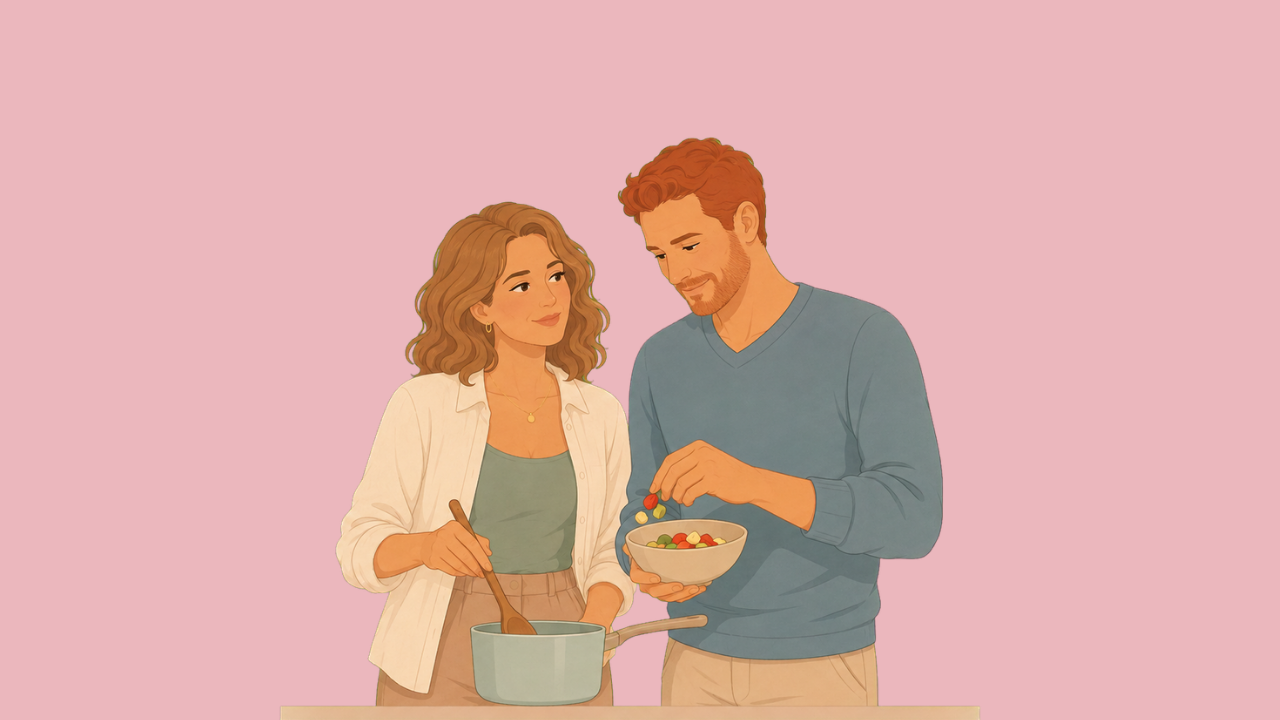 Couple preparing healthy food together while following a fertility diet for IVF