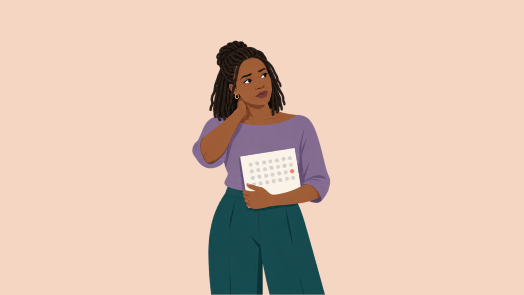Woman reviewing a cycle calendar with a later ovulation marker, illustrating how stress may delay ovulation.