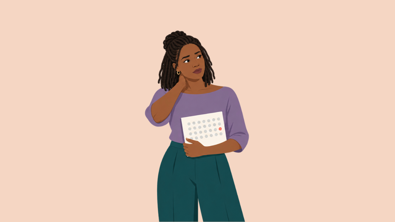 Woman reviewing a cycle calendar with a later ovulation marker, illustrating how stress may delay ovulation.