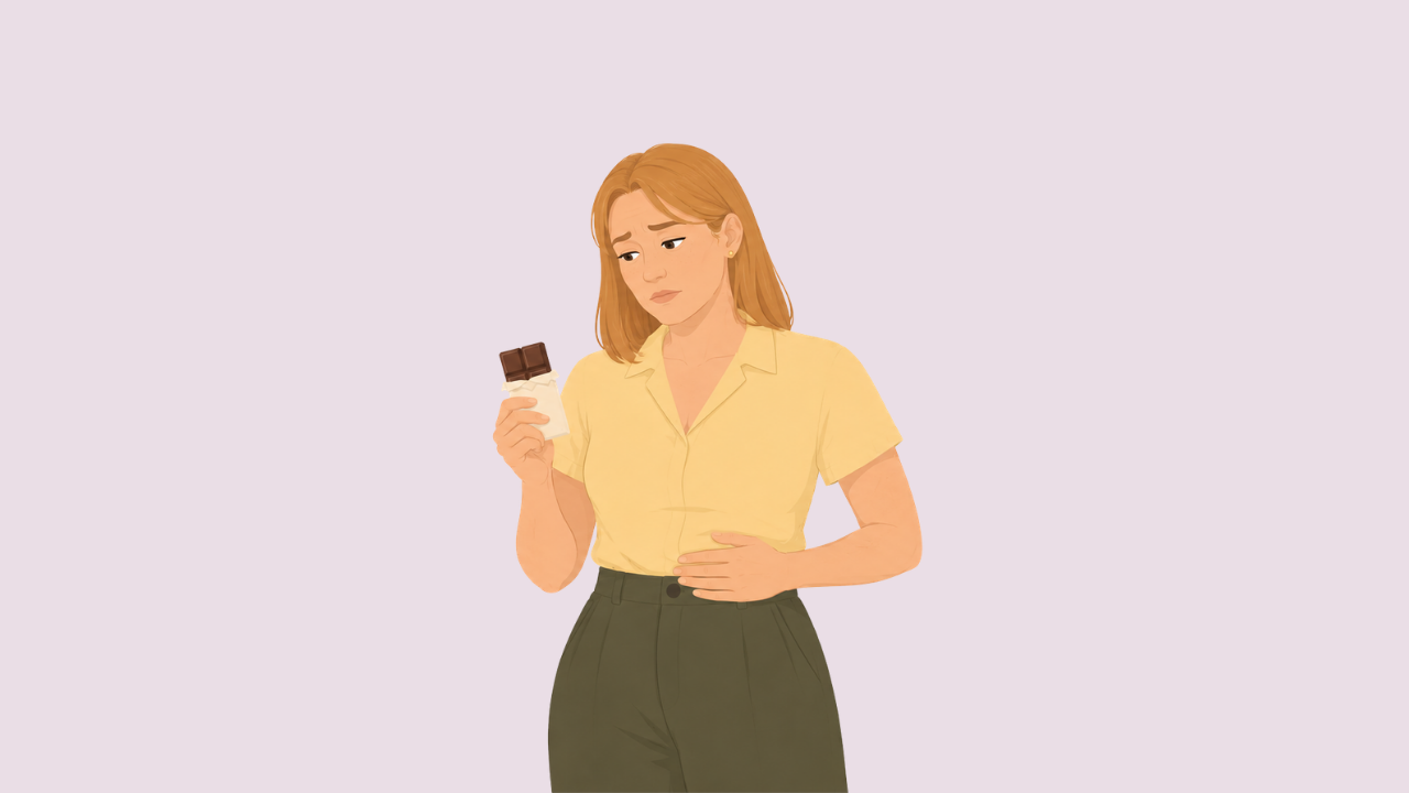 Woman holding a chocolate bar with one hand on her abdomen, illustrating PMS cravings, bloating, and fertility cycle symptoms